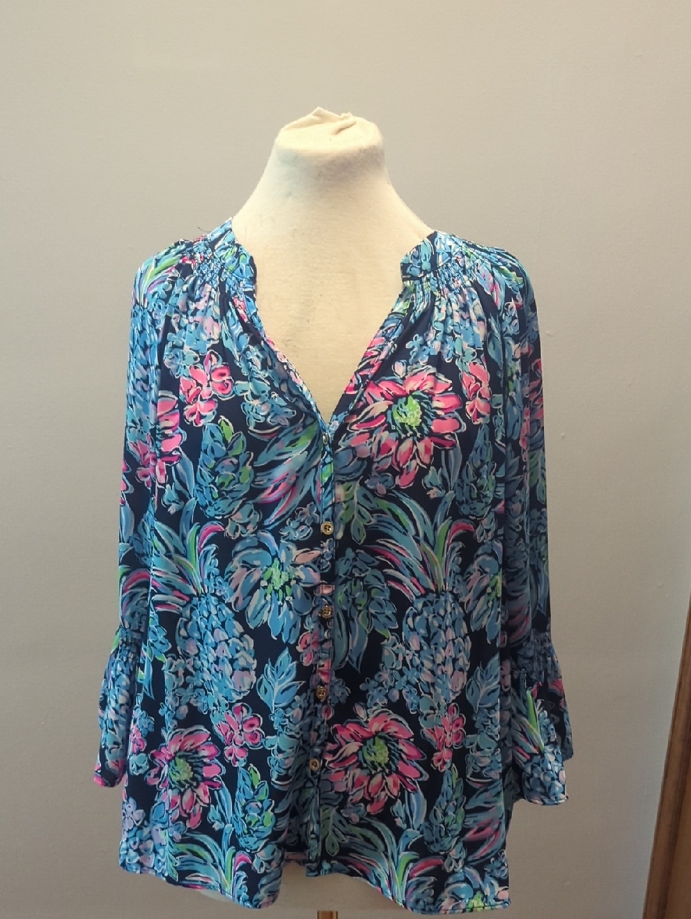 Lilly Pulitzer Navy Floral Button-Front Blouse